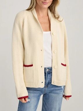 Lobster Cream Knit Button-Front Cardigan with Red Trim